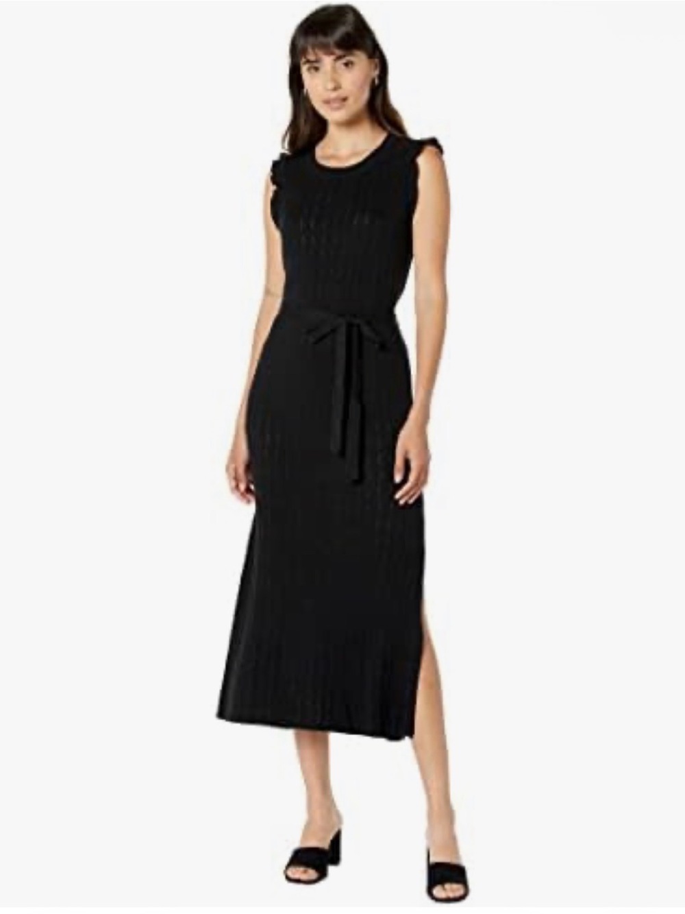 PAIGE Gardenia Sleeveless Black Knit Midi Dress with Waist Tie cotton silk blend